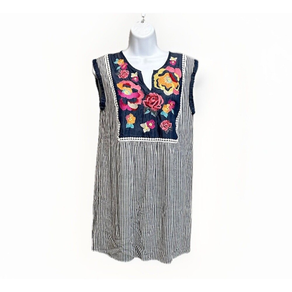 Andree by Unit Dress Embroidered Women's M Floral Striped Lined Easy Style